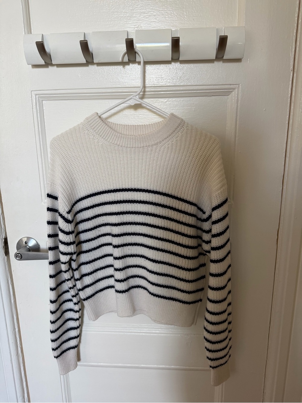 Wilfred Cream and Navy Striped Crewneck Sweater